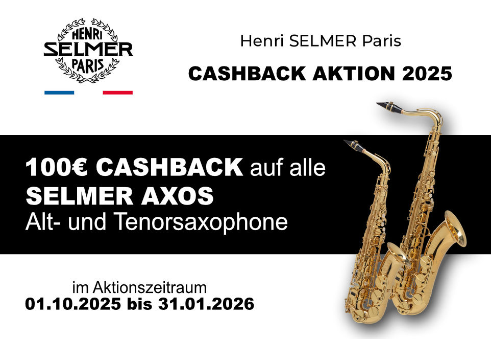 Werbebanner für die Henri SELMER Paris Cashback Aktion 2025. Sichere dir 100€ Cashback auf alle zwischen dem 01.10.2025 und 31.01.2026 gekauften SELMER AXOS Alt- und Tenorsaxophone.