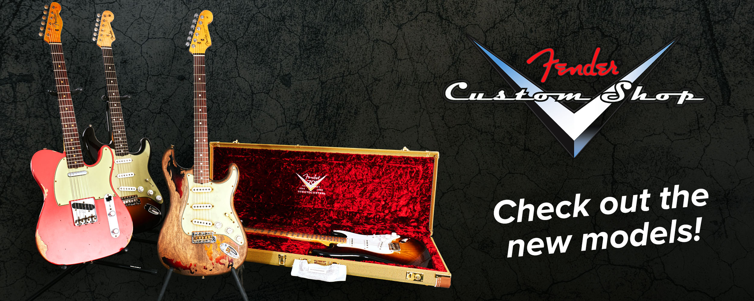 Fender Custom Shop banner with several electric guitars and guitar case against dark background, text: ‘Check out the new models!’