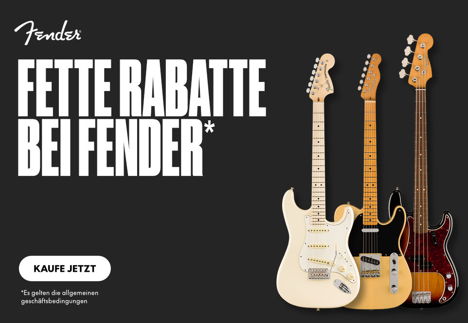 Fender Banner mit dem Titel „Fette Rabatte bei Fender“ und daneben Bilder von Stratocaster, Telecaster & Precision Bass.