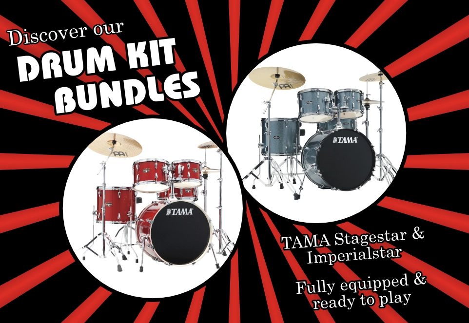Banner for the TAMA Stagestar & Imperialstar Drum Set Bundles, featuring images of the two drum sets in the center. On the right is the text “Fully equipped & ready to play”