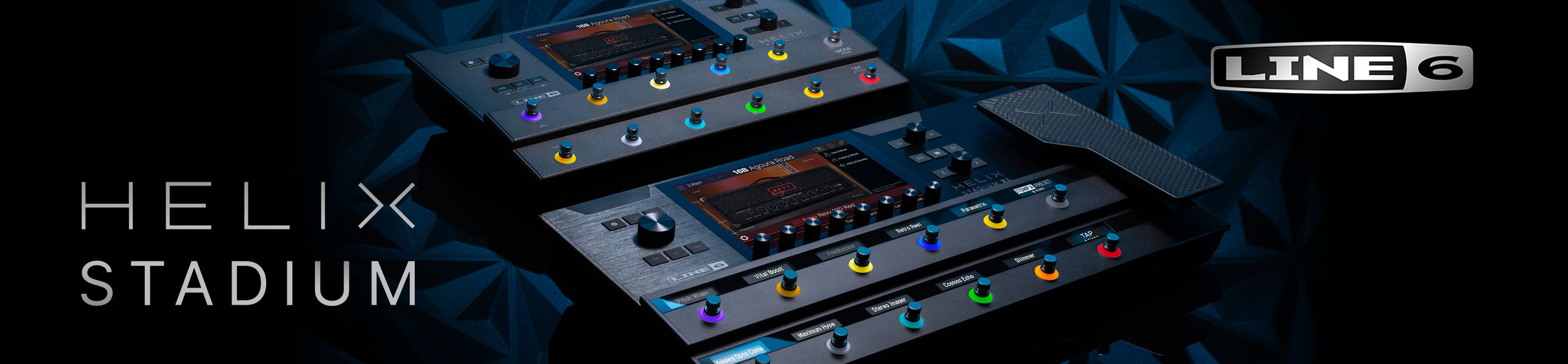 Line 6 Werbebanner mit den Modellen Helix Stadium & Helix Stadium XL im Mittelpunkt, dazu der Schriftzug „HELIX STADIUM“.