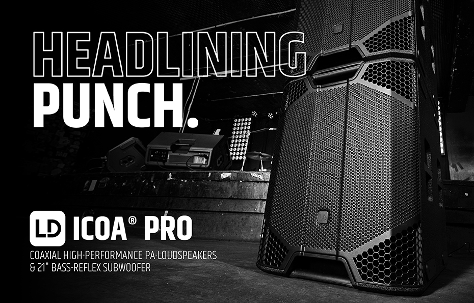 LD Systems ICOA Pro PA-Lautsprecher und 21-Zoll-Bassreflex-Subwoofer auf einer Bühne im Schwarz-Weiß-Werbemotiv