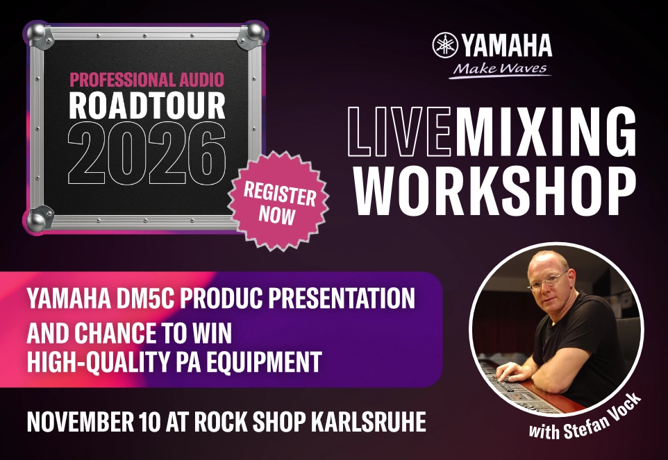 Banner for the Yamaha Professional Audio Road Tour 2026 with Stefan Vock, on November 10 at Rock Shop Karlsruhe. Live mixing workshop, Yamaha DM5C product presentation, and chance to win high-quality PA equipment.