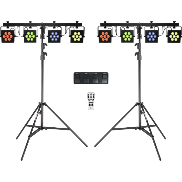 Lichtanlagen-Set, bestehend aus zwei Chauvet DJ 4Bar Hex ILS mit vier RGB LED-Spots, zwei Lichtstativen und Hand- und Fußfernbedienungen