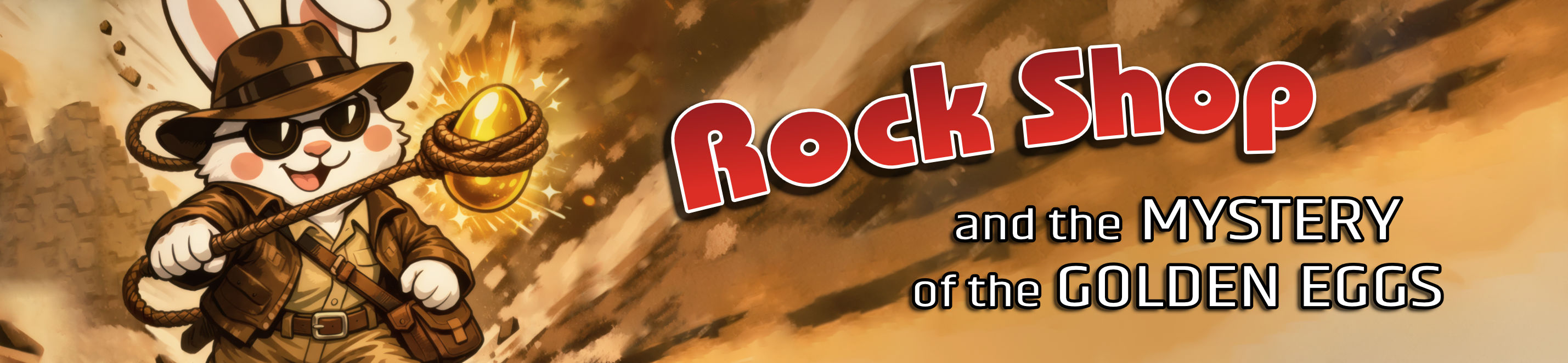 Easter Bunny in an adventurer's costume, wearing a fedora and sunglasses, catching a golden egg with a lasso. Next to it the title: “Rock Shop and the Mystery of the Golden Eggs”
