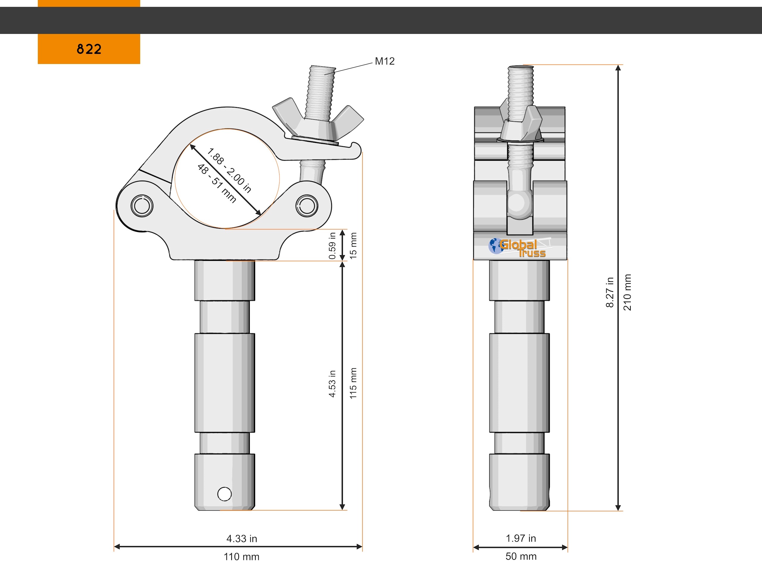 Global Truss Half Coupler Spigot 822 48-51/50/500kg – Bild 2