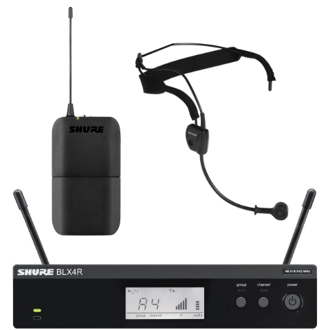Funkanlagen-Set, bestehend aus Shure WH30 Headset, Shure BLX1 Taschensender und Shure BLX4RE Empfänger