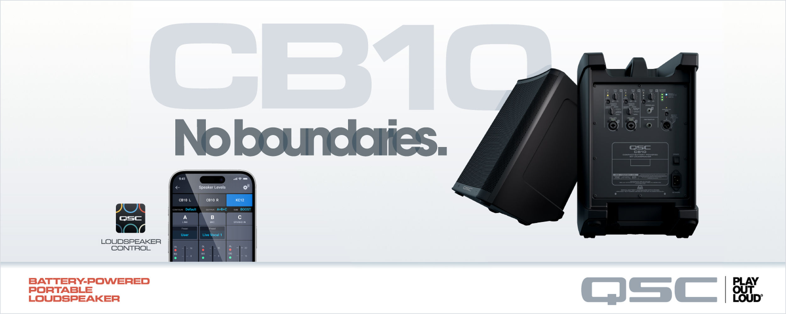 Werbebanner für die portablen QSC CB10 Akku Lautsprecher, mit dem Slogan „No boundaries.“ Dazu das Bild von einem Smartphone mit der QSC Loudspeaker Control App.