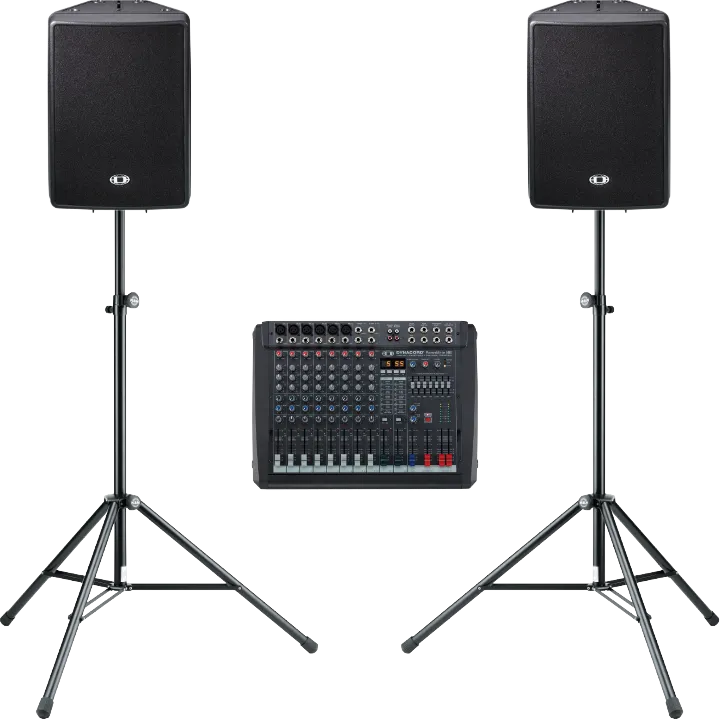 Soundpaket 2.0, bestehend zwei Dynacord 12 Zoll Lautsprechern, Lautsprecherstativen und einem Mischpult
