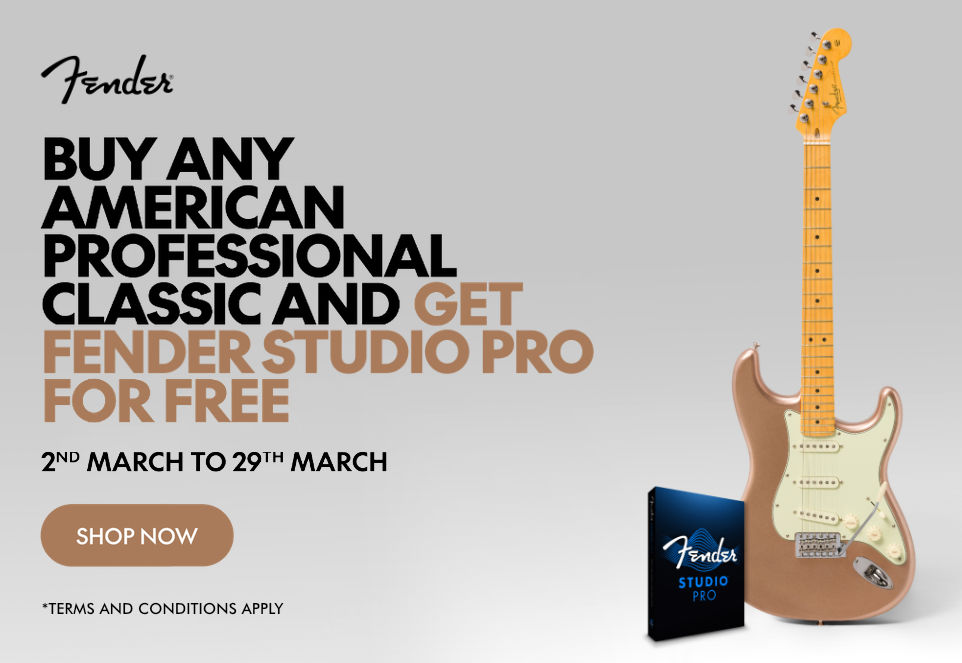 Fender banner with text: “Buy any American Professional Classic and get Fender Studio Pro for free - March 2 to March 29,” next to a Stratocaster & Fender Studio Pro.