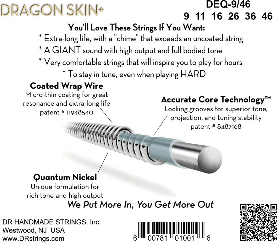 DR DEQ-9/46 DRAGON SKIN+ Light to Medium 009-046 Quantum Nickel Electric Guitar Strings