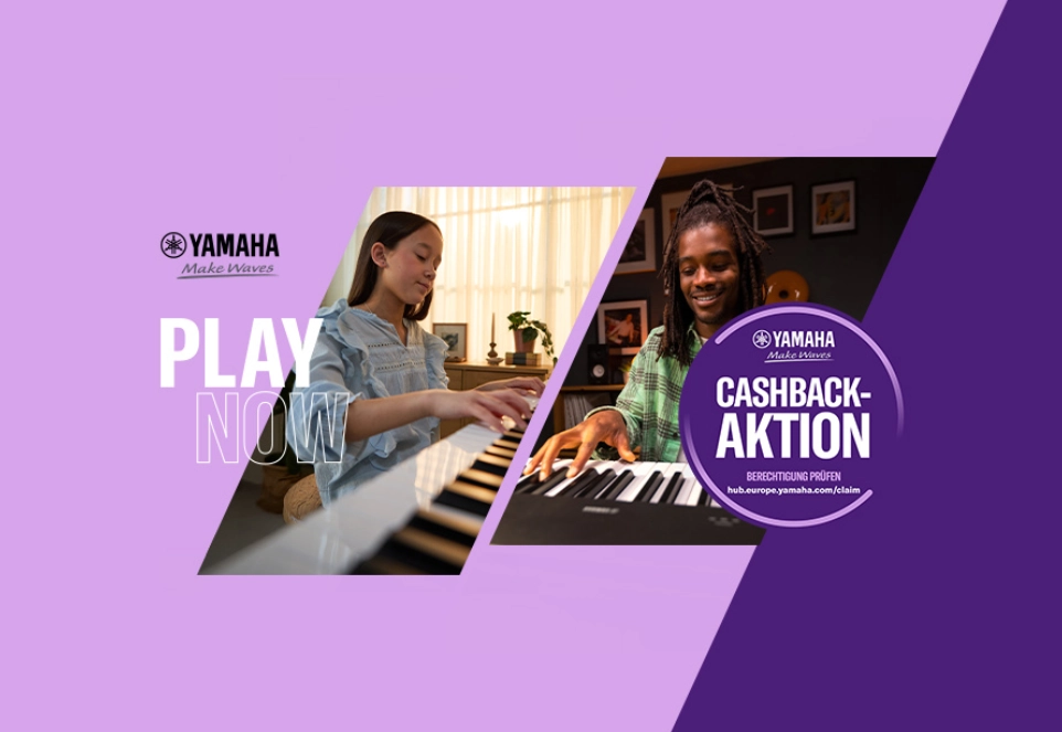 Yamaha “PLAY NOW” Werbebanner: Cashback-Aktion für Tastenisntrumente.
