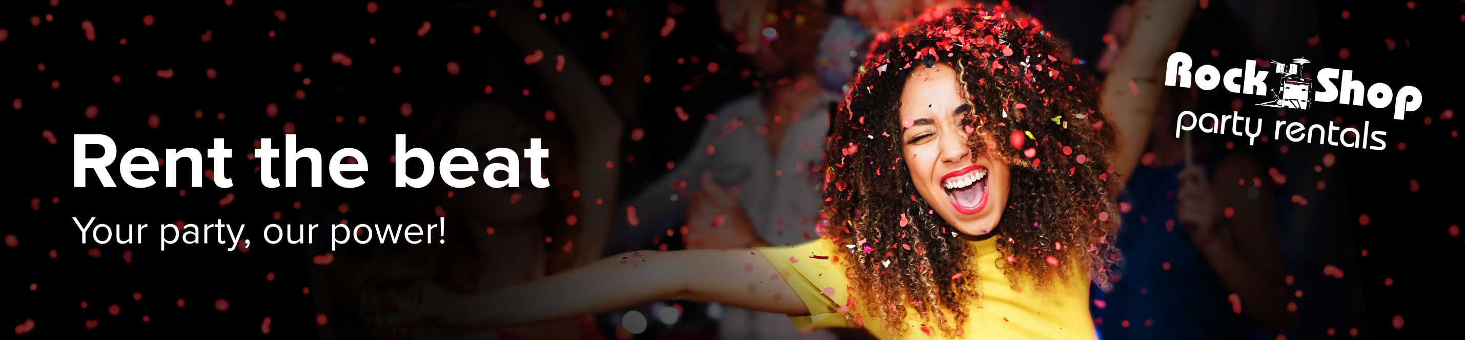 Dancing woman surrounded by confetti, lettering on the banner