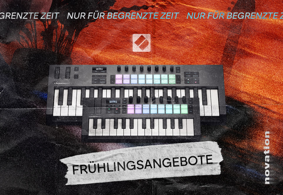 Novation Banner mit Abbildungen der Masterkeyboards Launchkey Mini 25 MK4 & Launchkey 37 MK4. Dazu der Titel „FRÜHLINGSANGEBOTE“ und ein Text: „NUR FÜR BEGRENZTE ZEIT“