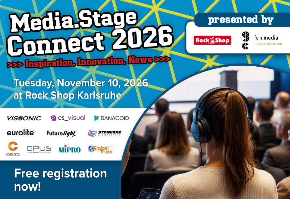 Banner for the “Media and Stage Connect 2026” taking place on November 10 at Rock Shop Karlsruhe. It includes a message “Free registration now” and logos of numerous sound, lighting, and media technology companies.