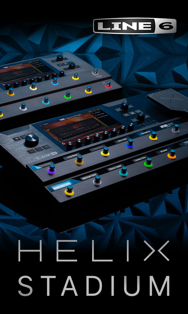 Line 6 Werbebanner mit den Modellen Helix Stadium & Helix Stadium XL im Mittelpunkt, dazu der Schriftzug „HELIX STADIUM“.