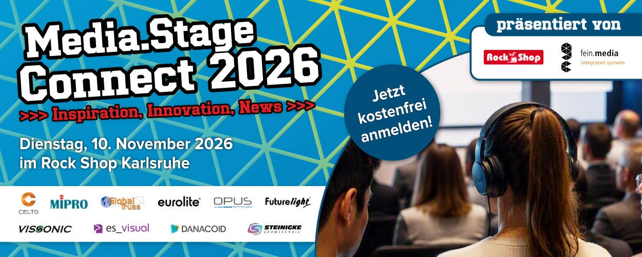 Banner zur „Media and Stage Connect 2026“, am 10. November im Rock Shop Karlsruhe. Dazu der Hinweis „Jetzt kostenfrei anmelden“ und Logos zahlreicher Firmen aus den Bereichen Ton-, Licht- und Medientechnik.