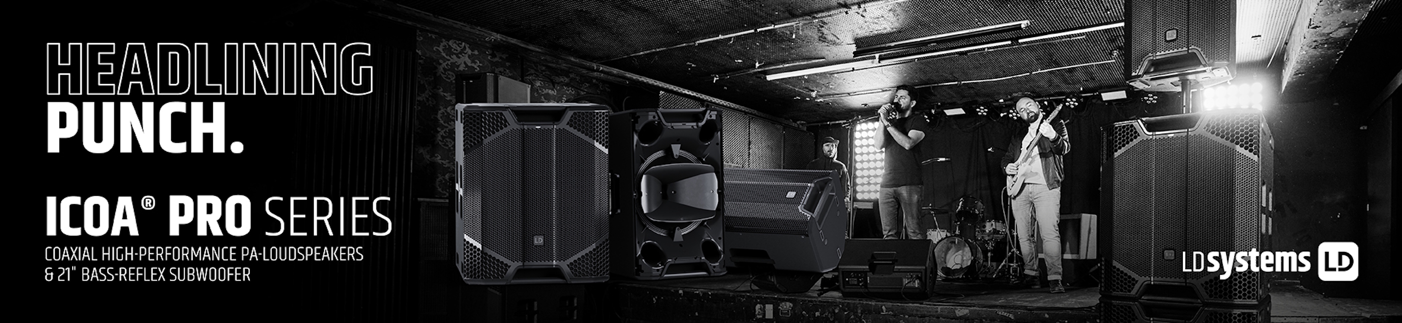 LD Systems ICOA Pro Series PA-Lautsprecher und 21-Zoll-Bassreflex-Subwoofer bei einem Live-Auftritt auf der Bühne
