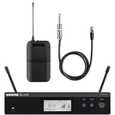 Funkanlagen-Set, bestehend aus Shure BLX1 Taschensender mit Instrumentenkabel-Adapter und Shure BLX4RE Empfänger
