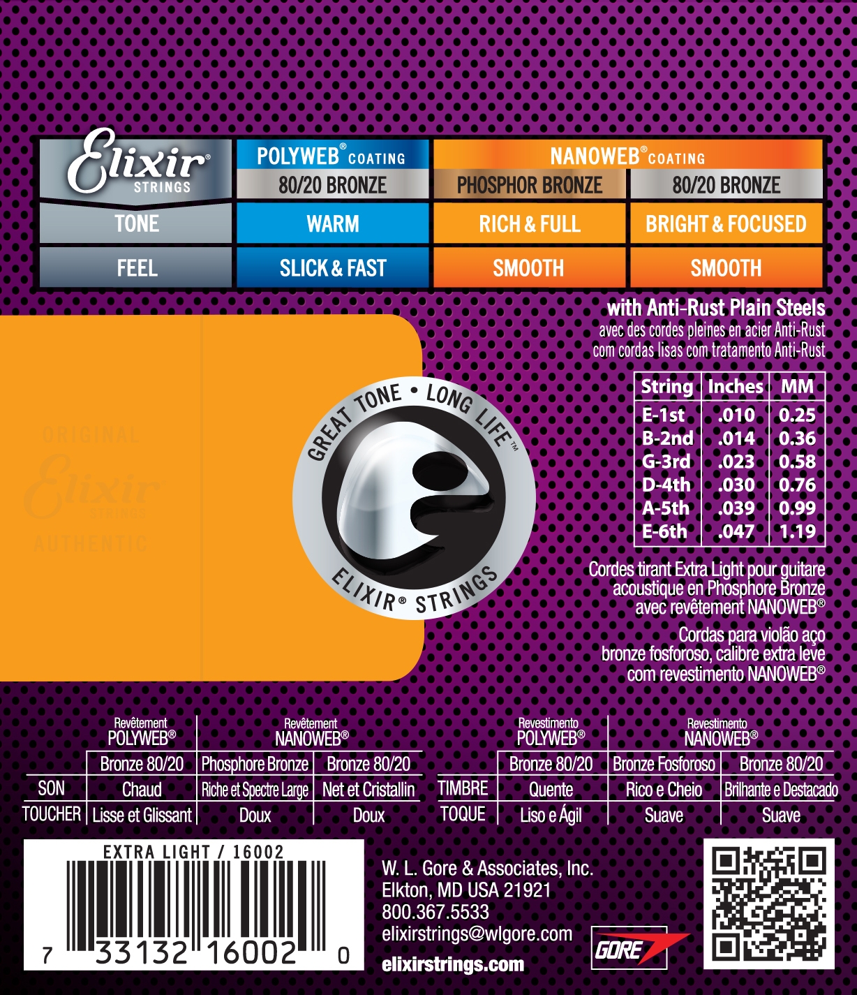 Elixir NanoWeb Phosphor Bronze 16002 Extra Light 010-047 