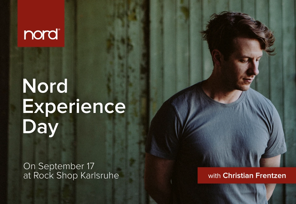 Banner for the “Nord Experience Day” with Christian Frentzen, on September 17 at Rock Shop Karlsruhe. In the background a photo of Christian Frentzen in front of a green barn door.