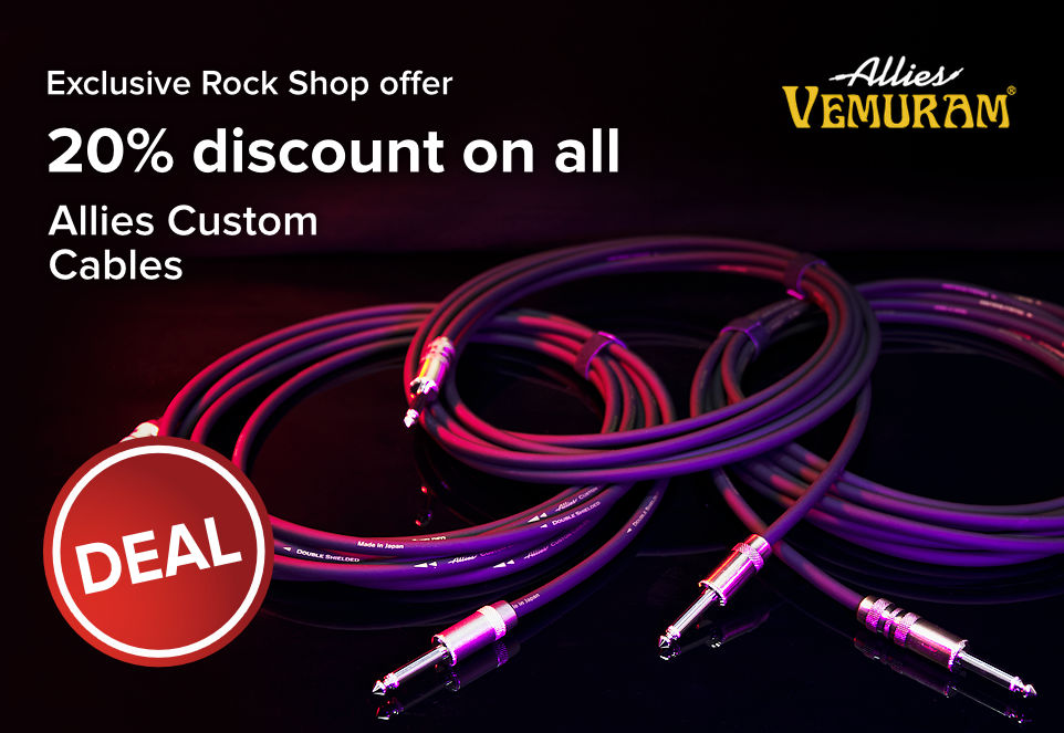 Banner with an image of three Vemuram Allies Custom instrument cables in the background. Above it, the text: “Exclusive Rock Shop offer - 20% discount on all Allies Custom Cables”