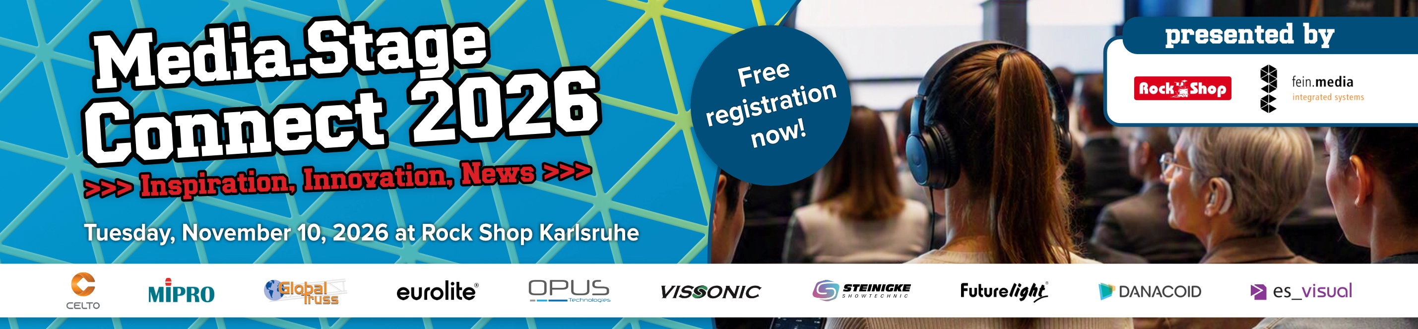 Banner for the “Media and Stage Connect 2026” taking place on November 10 at Rock Shop Karlsruhe. It includes a message “Free registration now” and logos of numerous sound, lighting, and media technology companies.