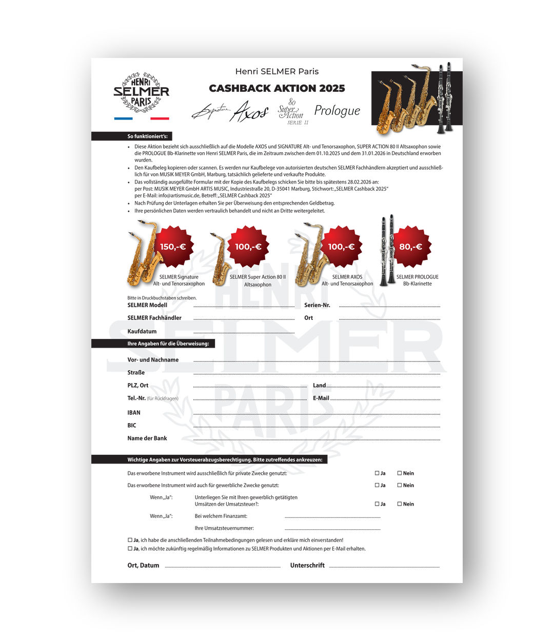 Teilnahmeformular für die Henri SELMER Paris Cashback Aktion 2025