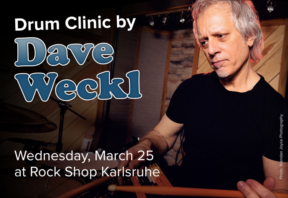 Banner for a drum clinic by Dave Weckl, on Wednesday, March 25, at Rock Shop in Karlsruhe.