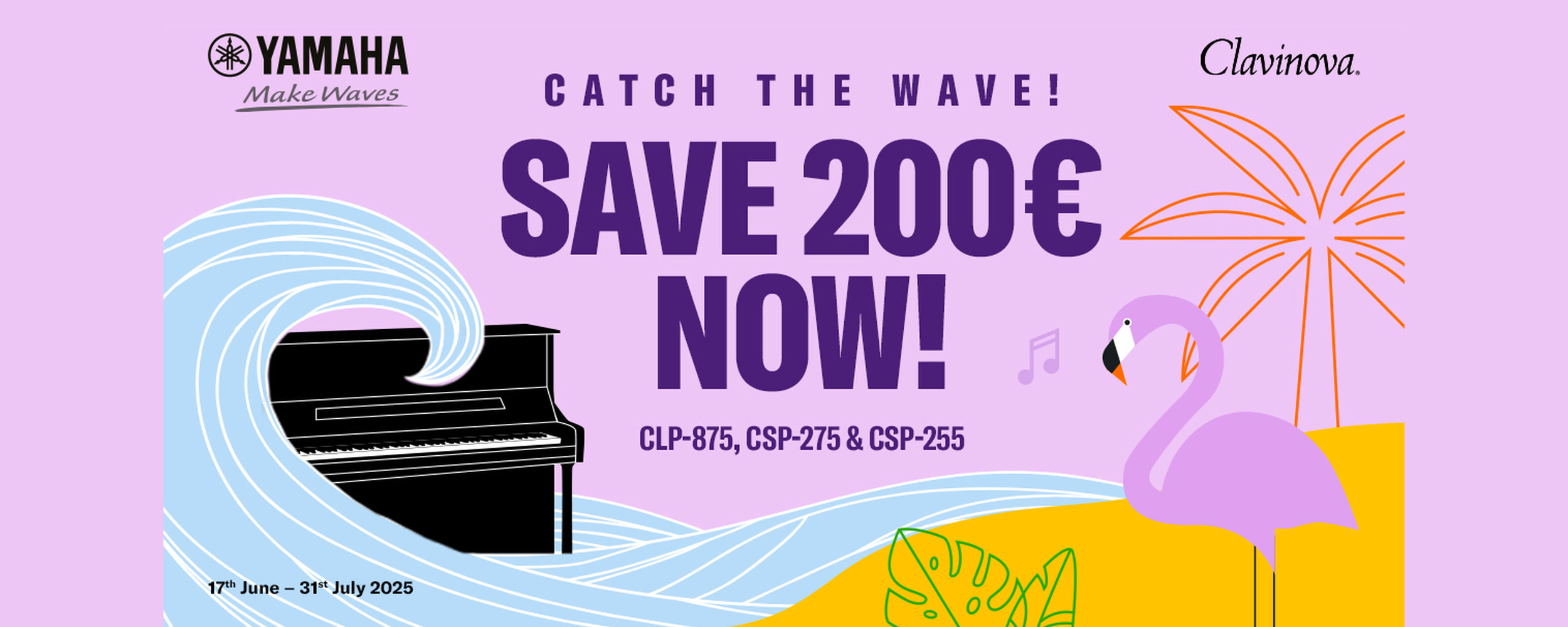 A piano behind a wave on a pink background. Next to it, a flamingo and a palm tree.