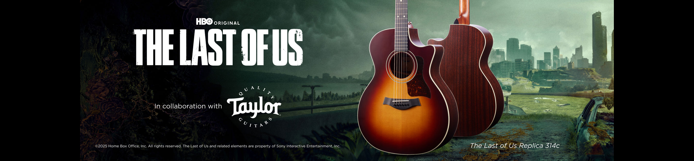 Taylor 314ce acoustic guitar in front of a post-apocalyptic skyline, inspired by HBO’s “The Last of Us”.
