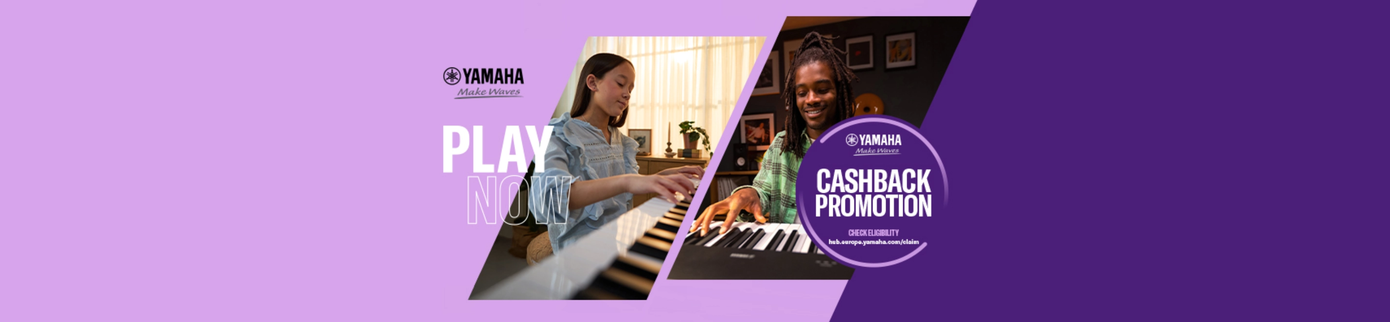 Yamaha “PLAY NOW” Promotional Banner: Cashback Promotion for Keyboard Instruments.