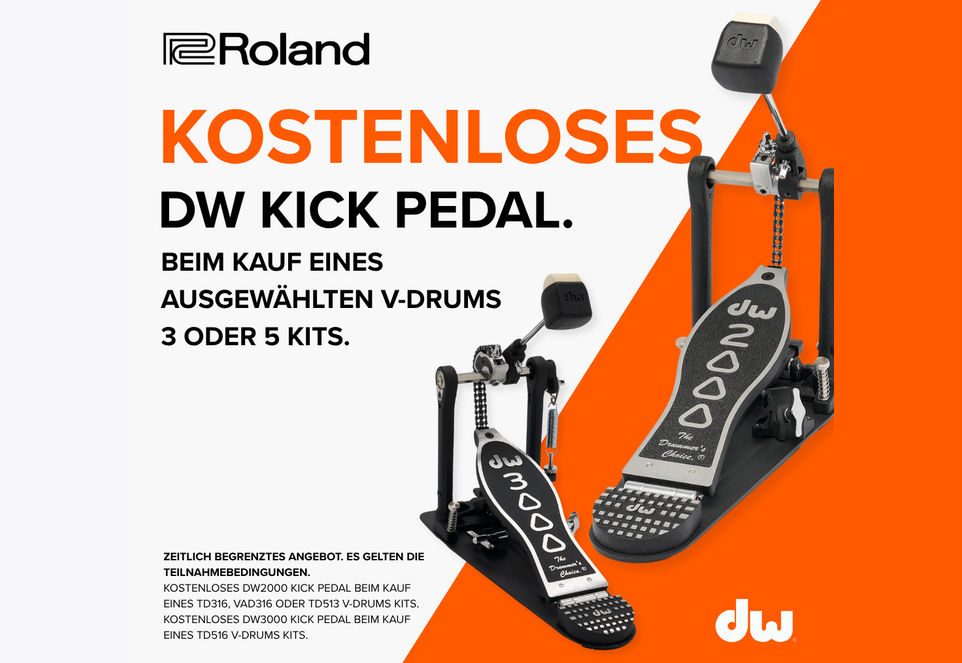 Roland Banner für ein kostenloses DW Kick Pedal, beim Kauf eines ausgewählten V-Drums 3 oder 5 E-Drum Kits.