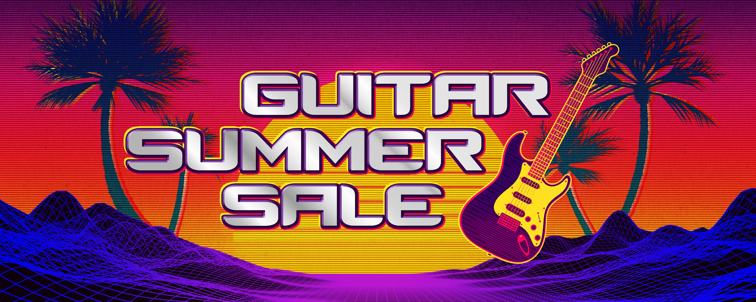 Retro-Synthwave-Grafik im 80er-Jahre-Stil mit Sonnenuntergang, Palmen, E-Gitarre und dem Text ‚Guitar Summer Sale‘.