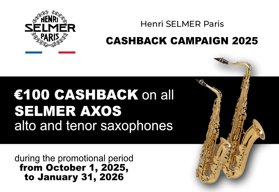 Advertising banner for the Henri SELMER Paris Cashback Campaign 2025. Get €100 cashback on all SELMER AXOS alto and tenor saxophones purchased between October 1, 2025, and January 31, 2026.