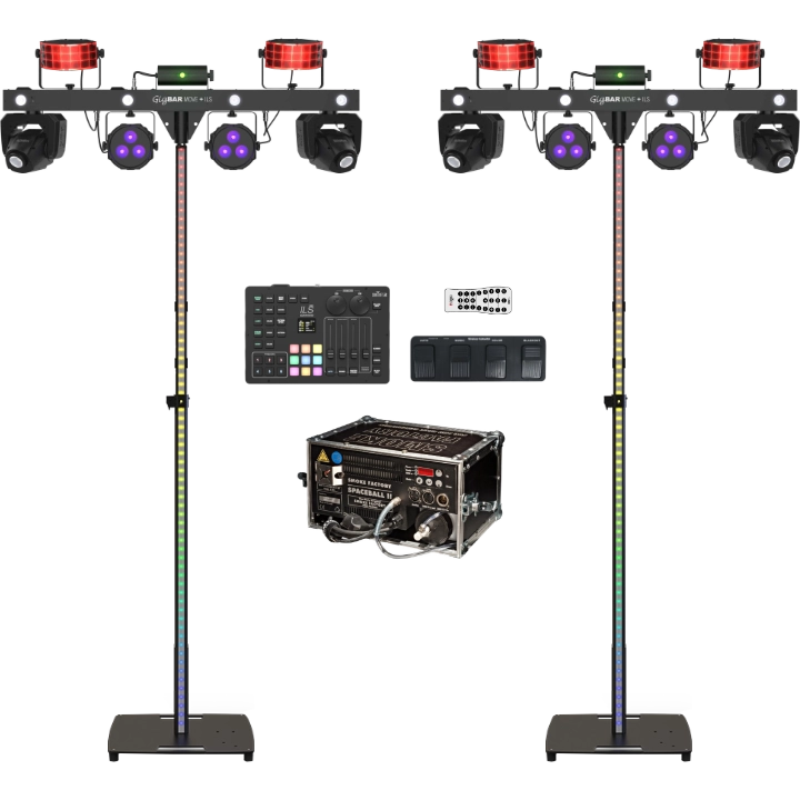 Lichtpaket Party L, bestehend aus zwei Chauvet DJ GigBar Move Plus ILS mit beleuchteten FLEXstand FX ILS Stativen, Lichtsteuerungsequipment und Nebelmaschine