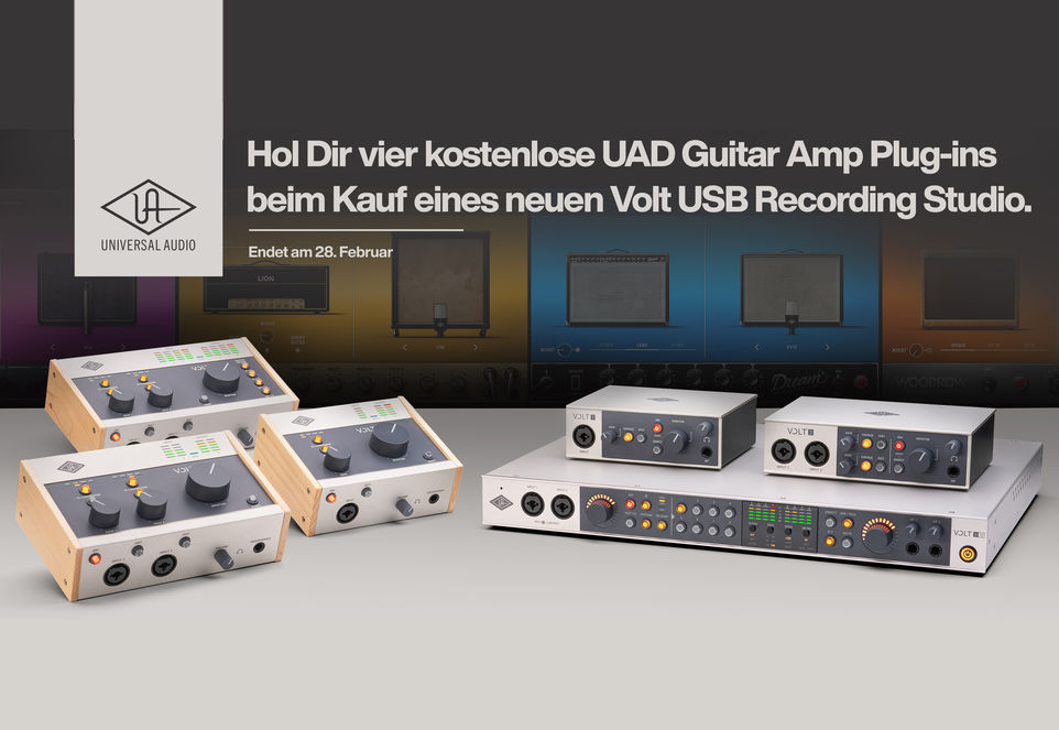 Universal Audio Banner mit Plug-ins im Hintergrund und dem Text „Hol Dir vier kostenlose UAD Guitar Amp Plug-ins beim Kauf eines neuen Volt USB Recording Studio. Endet am 28. Februar“, darunter Audiointerfaces der Volt USB Serie.