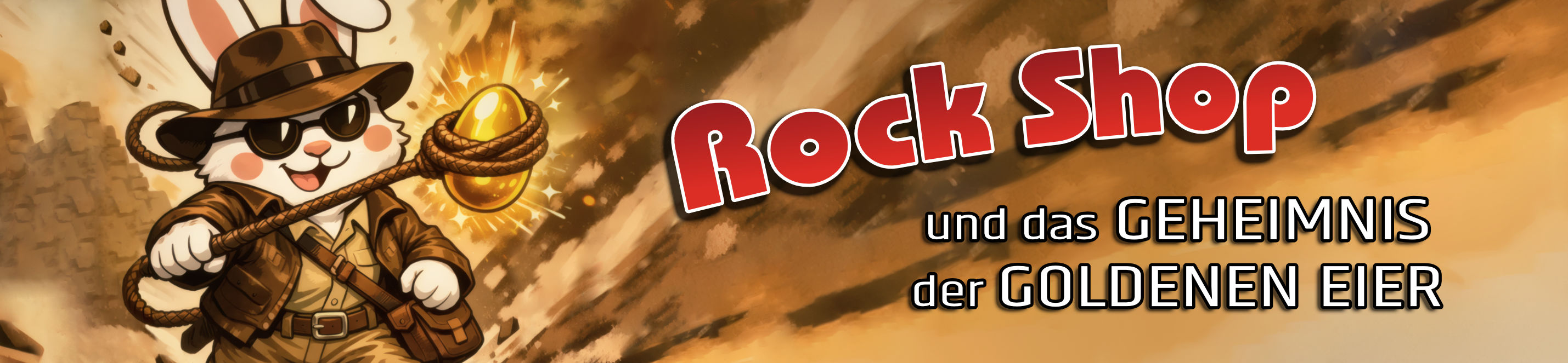 Osterhase im Abenteurer-Kostüm, mit Fedora und Sonnenbrille, fängt mit einem Lasso ein goldenes Ei. Daneben der Titel: „Rock Shop und das Geheimnis der goldenen Eier“