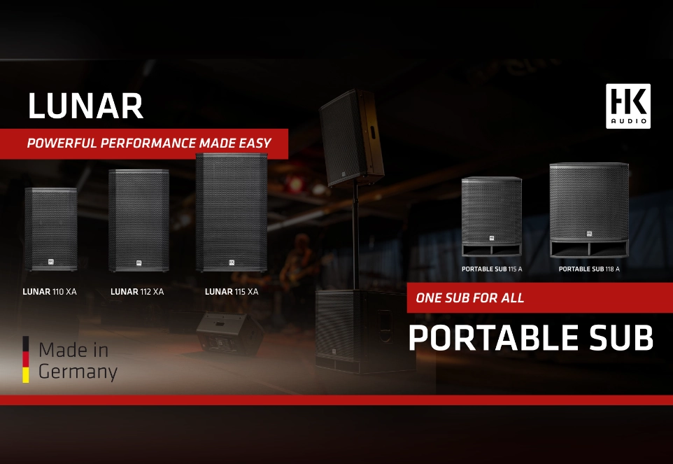 HK Audio Banner für die Lautsprecher & Subwoofer der Serien LUNAR & PORTABLE SUB, mit den Slogans „Powerful Performance Made Easy“ & „One Sub for All“ & einem „Made in Germany“ Siegel unten links im Eck.