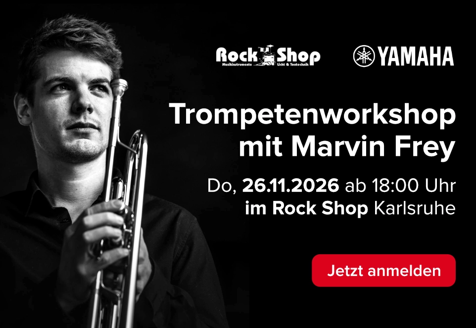Banner für einen Trompetenworkshop mit Marvin Frey, am Donnerstag den 26.11.2026 im Rock Shop Karlsruhe. Dazu Logos der Firmen Yamaha & Rock Shop, sowie ein Button „Jetzt anmelden“