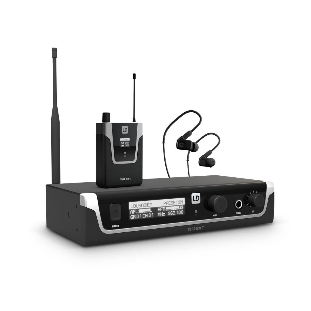LD Systems U500 IEM Funksystem, bestehend aus Sender, Bodypack-Empfangseinheit und In-Ear Hörern.