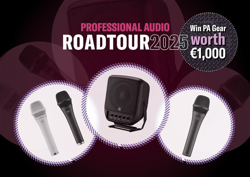 Yamaha Professional Audio Roadtour 2025 banner featuring YDM707 microphone, STAGEPAS 100BTR speaker, and YDM505 microphone with chance to win PA gear worth €1,000.