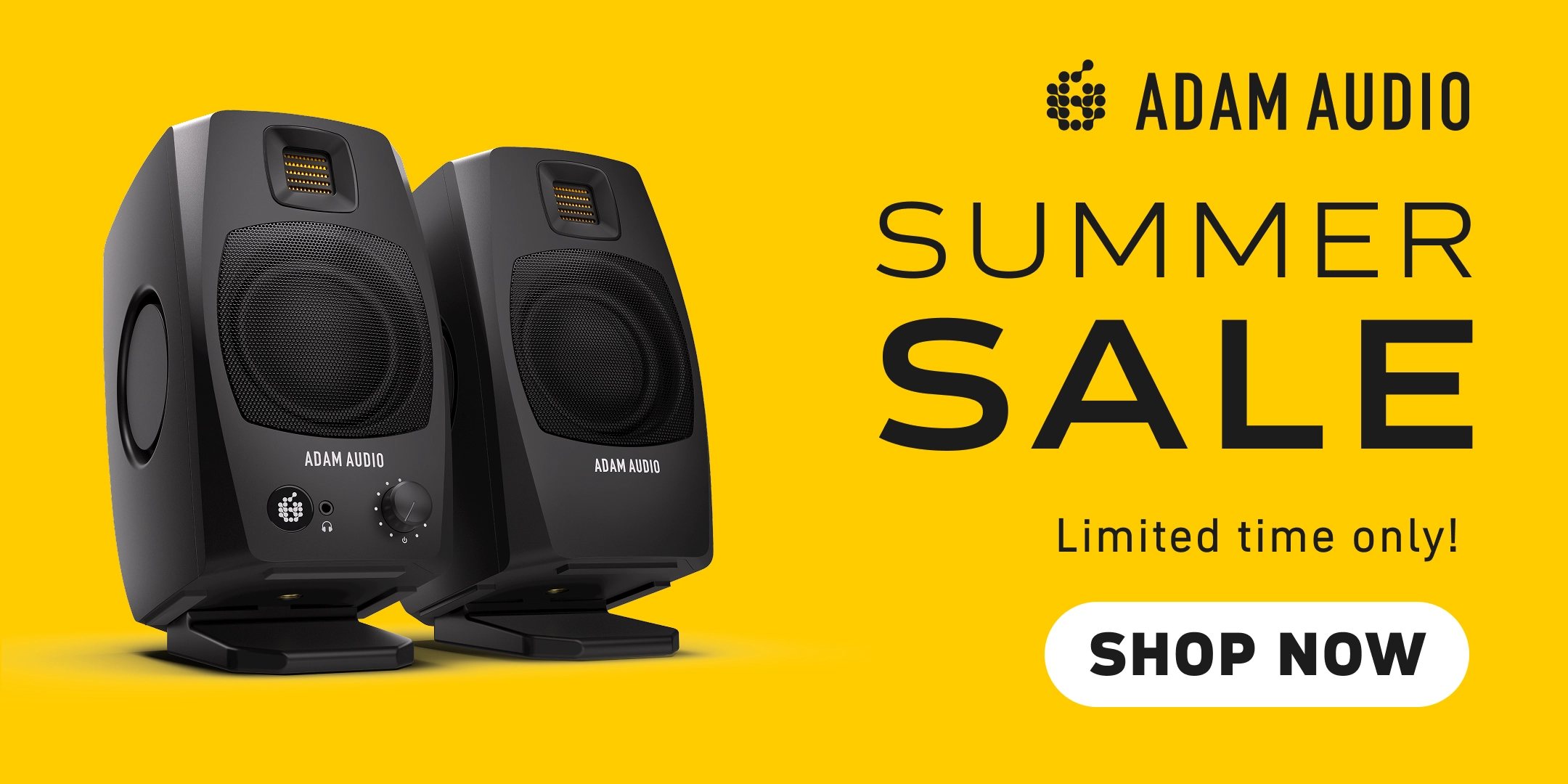 Adam Audio Summer Sale banner with a yellow background and an image of the D3V desktop monitor speakers. It also features the text “Limited time only!” and a “Shop now” button.