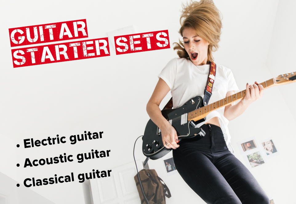 Young woman enthusiastically playing electric guitar. Text: 'Guitar Starter Sets' with list: Electric guitar, Acoustic guitar, Classical guitar.