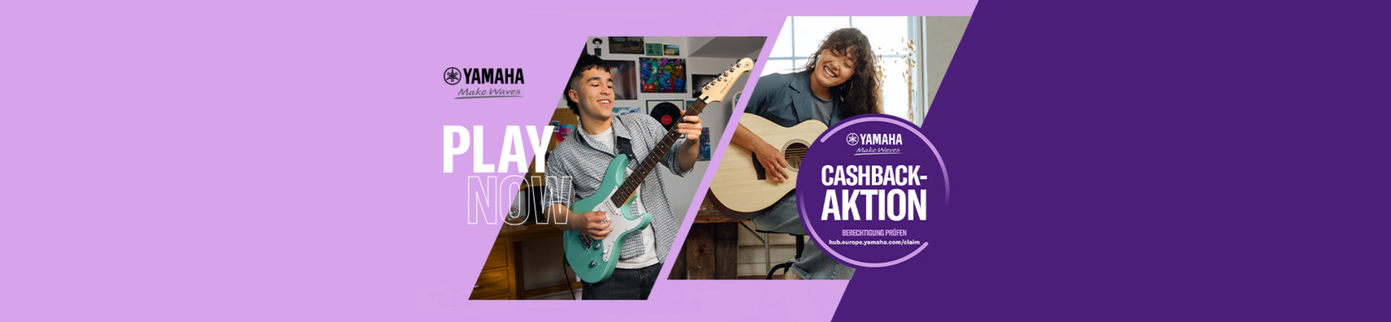 Yamaha “PLAY NOW” Werbebanner: Cashback-Aktion für Gitarren.