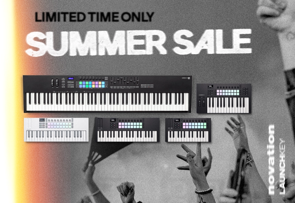 Novation Summer Sale banner featuring images of several Launchkey Master keyboards in the foreground. Next to them is the text “Limited time only.” In the background is a cheering crowd.