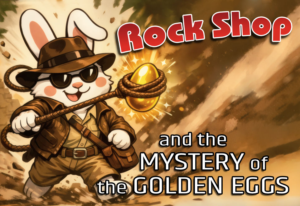 Easter Bunny in an adventurer's costume, wearing a fedora and sunglasses, catching a golden egg with a lasso. Next to it the title: “Rock Shop and the Mystery of the Golden Eggs”