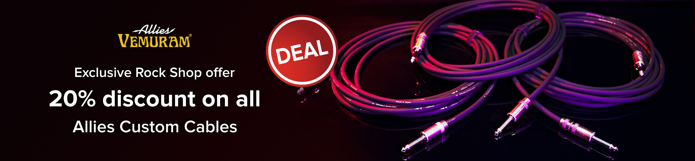 Banner with an image of three Vemuram Allies Custom instrument cables in the background. Next to it, the text: “Exclusive Rock Shop offer - 20% discount on all Allies Custom Cables”
