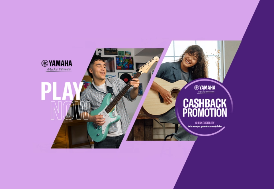 Yamaha “PLAY NOW” Promotional Banner: Cashback Promotion for Guitars.