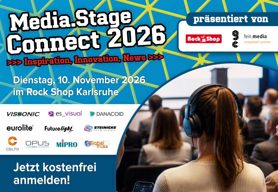 Banner zur „Media and Stage Connect 2026“, am 10. November im Rock Shop Karlsruhe. Dazu der Hinweis „Jetzt kostenfrei anmelden“ und Logos zahlreicher Firmen aus den Bereichen Ton-, Licht- und Medientechnik.